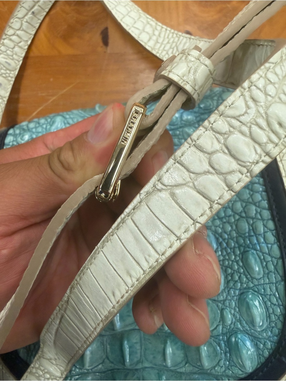Brahmin Teal Croc-Embossed Crossbody with Cream Trim and Navy Piping - Picture 4 of 4